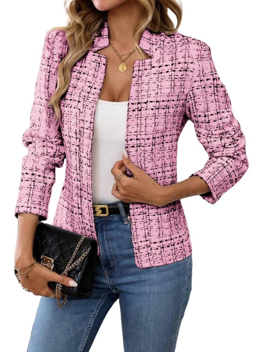 〽️Women's Pink Tweed Open Front Long Sleeve Notch Collar Casual Business Blazer
